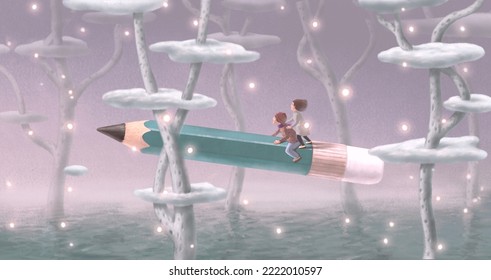 A boy and a girl riding a flying pencil in a fantasy landscape. Concept idea art of child, education, school, freedom, dream, kid, . 3d illustration. Conceptual artwork. Surreal painting.  - Powered by Shutterstock