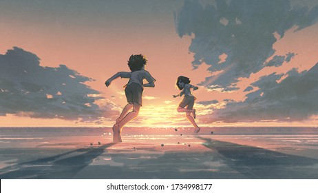 Boy And Girl Running On The Beach To See The Sunrise On The Horizon, Digital Art Style, Illustration Painting