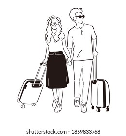 Boy and girl traveling together. Heterosexual couple standing holding hands wearing casual clothes - Powered by Shutterstock