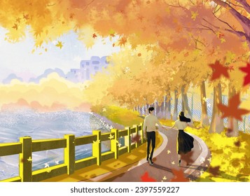 Boy and girl walking in the park holding hands original painting digital art illustration  - Powered by Shutterstock