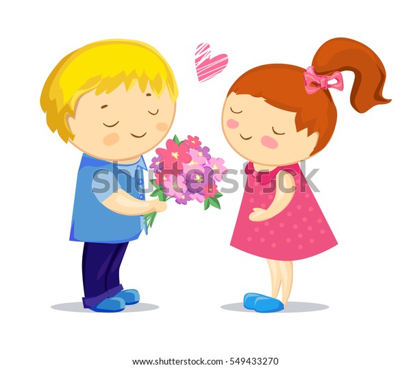 Boy Give Flower Girl Happy Couple Stock Illustration 549433270