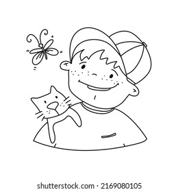 Boy   his pat cat the shoulder watching the dragonfly  Summer vocation  Line art cartoon style illustration  Children   child theme  Colouring book picture  Best friends