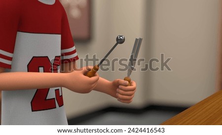 Boy hitting Tuning fork by rubber hammer 3d illustration