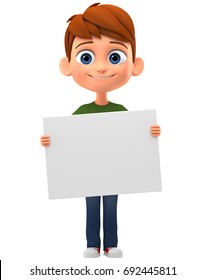 Boy Holding A Blank Card. 3d Render Illustration.