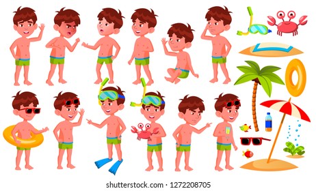 Boy Kindergarten Kid Poses Set. Preschool, Childhood. Smile. Undressed. Summer Vacation. Water Park, Pool, Beach. For Web Poster Booklet Design Isolated Illustration - Powered by Shutterstock