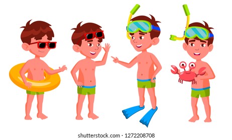 Boy Kindergarten Kid Poses Set. Preschool. Young Positive Person. Undressed. Summer Vacation. Water Park, Pool, Beach. For Banner, Flyer Brochure Design Isolated Illustration - Powered by Shutterstock