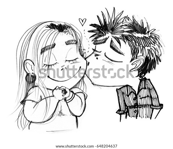 Boy Kissing Pretty Girl Cartoon Character Stock Illustration