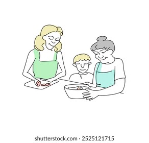 A boy learns to cook with his mother and grandmother. Cooking vegetable salad. Stylized picture on a white background - Powered by Shutterstock