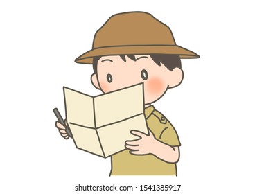 A boy looking at the map