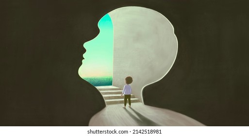 A Boy Looking At The Sky, Concept Idea Of Imagination Hope And Dream Of Child , Conceptual 3d Illustration. Kid Life. Childhood.