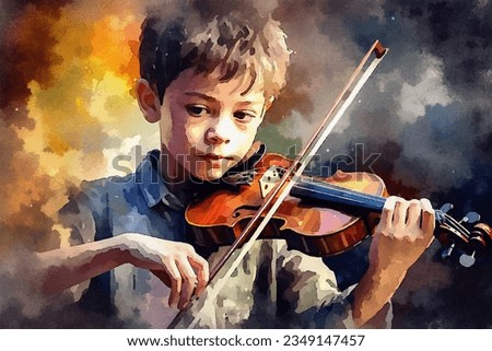 Boy musician playing violin. Digital watercolor painting. Painting.