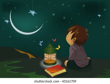 the boy night and a lantern
