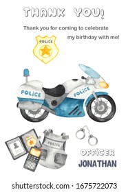 Boy Officer Police Party. Watercolor Hand Painted Card Thank You