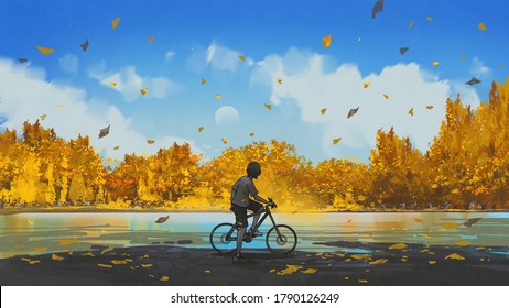 Boy On A Bicycle Looking At The Autumn View, Digital Art Style, Illustration Painting