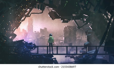 Boy on the bridge looking at the dystopian city outside, digital art style, illustration painting