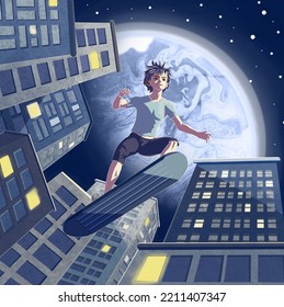 A Boy On A Hoverboard Flies Over The City