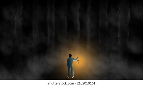 A Boy In Pajamas Holding A Lantern Is Alone In A Mysterious Forest. The Dream Of A Child Trapped In A Dark And Terrifying Forest. Digital Art Style. Illustration Painting