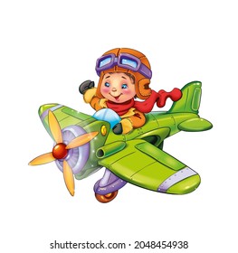 Boy Pilot In A Green Plane