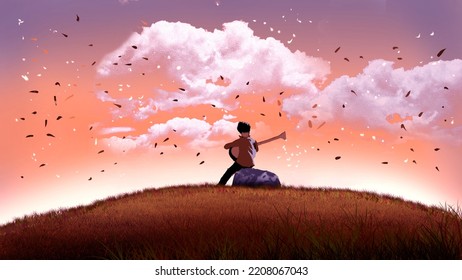 A Boy Playing Guitar Sitting On The Rock Mountain Digital Art ,type Painting ,3d Illustration , High Definition ,  Wallpaper