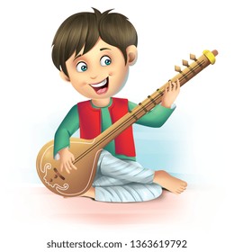 Boy Playing Sitar Illustration 