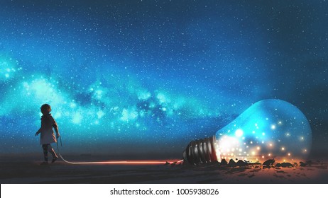boy pulled the big bulb half buried in the ground against night sky with stars and space dust, digital art style, illustration painting