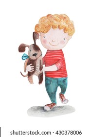 Boy With Pup. Watercolor Illustration. Hand Drawing