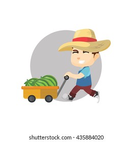 Boy Pushing Cart Of Watermelon