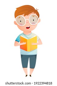 Boy Read Aloud Book Cute Character Standing Holding Open Textbook And Study. Kindergarten And School Fun ABC Cartoon For Children, Learning To Read Schoolboy. Watercolor Style Isolated Clipart