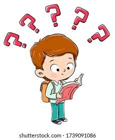 Boy Reading Intrigued Book Question Marks Stock Illustration 1739091086 ...