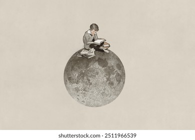 Boy reading on moon, surreal education remix - Powered by Shutterstock