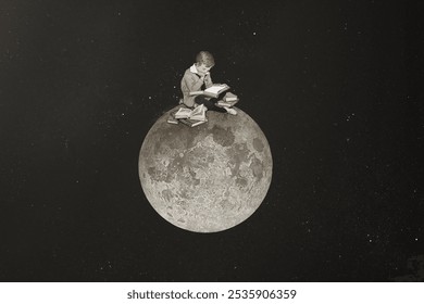 Boy reading on moon, surreal education collage. Surreal moon aesthetic collage desktop background. Aesthetic boy reading on moon collage background art. Art surreal collage design of moon background. - Powered by Shutterstock