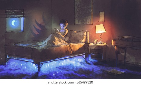 Boy Reading Tablet In Bedroom And Something Under The Bed,illustration Painting
