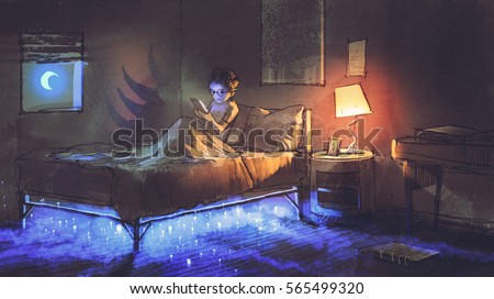 boy reading tablet in bedroom and something under the bed,illustration painting