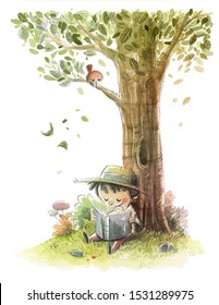 Boy Reading Under A Tree