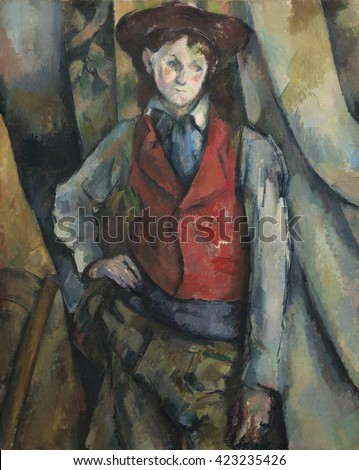 Boy in a Red Waistcoat, by Paul Cezanne, 1888-90, French Post-Impressionist painting, oil on canvas. The background is fractured and flattened into angles and arcs that anticipates the first cubist e