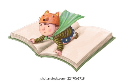 A boy ridind a flying book. Reading, learning and education concept. kid watercolor painting illustration, dream of child.
