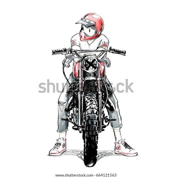 バイクに乗る少年 バイクスケッチ バイクイラスト のイラスト素材 664121563