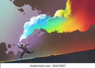 Boy Running And Holding Up Colorful Smoke Flare On Dark Background,illustration Painting