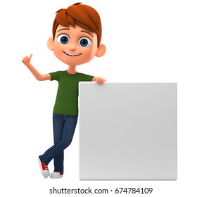 Boy showing thumbs up leaning on blank board. 3d render illustration. - Powered by Shutterstock