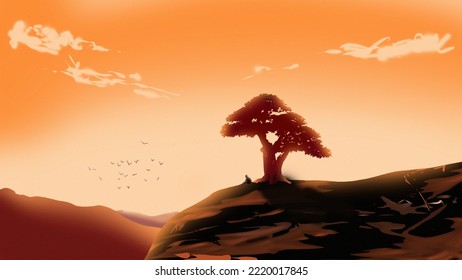 A Boy Sit Under A Tree In The Mountain Digital Art ,type Painting ,3d Illustration , High Definition ,  Wallpaper Horizon View 