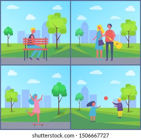 Boy Sitting Alone On Bench, Couple Walking With Guitar, Girl Skateboarding, Kids Playing Ball Raster Skyscrapers And Greenery. Spending Time On Fresh Air