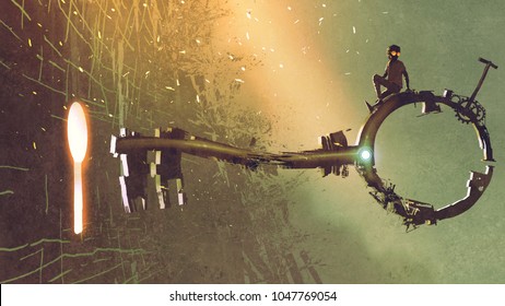 boy sitting on the big key moving towards the keyhole with light glowing inside, digital art style, illustration painting