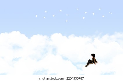 Boy Sitting On The Clouds Watching A Flock Of Birds Flying In The Sky. Fantasy Adventure Concept. Digital Art Style. Illustration Painting