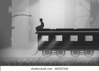 A boy sitting on the last train with blurry white tone forest background ( halloween background 