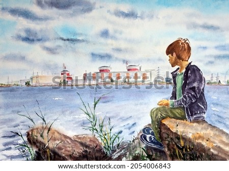 A boy sitting on a stone looks forward at a nuclear power plant. Symbolizes hope for the future of energy. Hand drawn watercolors on paper textures. Raster bitmap image