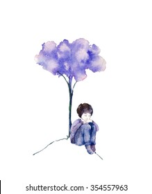 木の下に座っている少年 シルエット 子どもの頃の記憶 夢 夢を見る少年 イラスト のイラスト素材 Shutterstock