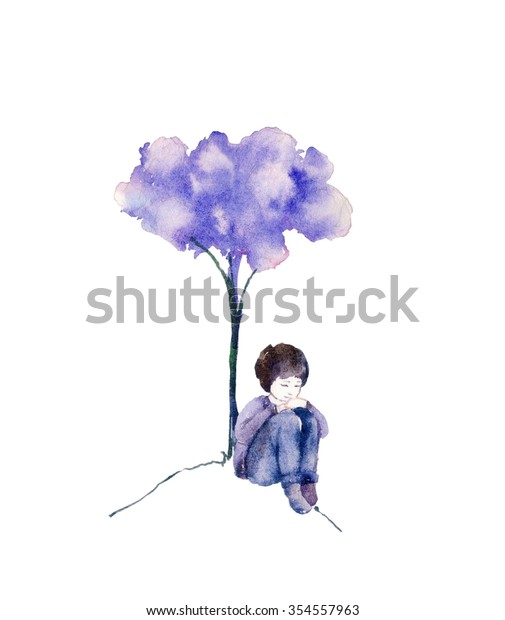 木の下に座っている少年 シルエット 子どもの頃の記憶 夢 夢を見る少年 イラスト のイラスト素材