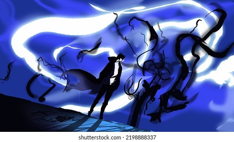 A Boy Stand Alone Fighter Black Smoke And White Light  Digital Art, Painting, 3d Illustration, Wallpaper Anime Scene 