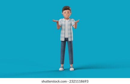 Boy standing with a confused expression. Blue background. clean and unique 3d character with the pose. minimal style with copy space. 3D Illustration - Powered by Shutterstock