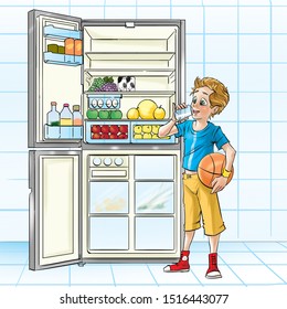 Is there a fridge in the kitchen. Open Fridge picture for Kids. Picture of a Fridge in the Kitchen for Kids. Kitchen for Kids picture with open Fridge. Fridge with food vector.